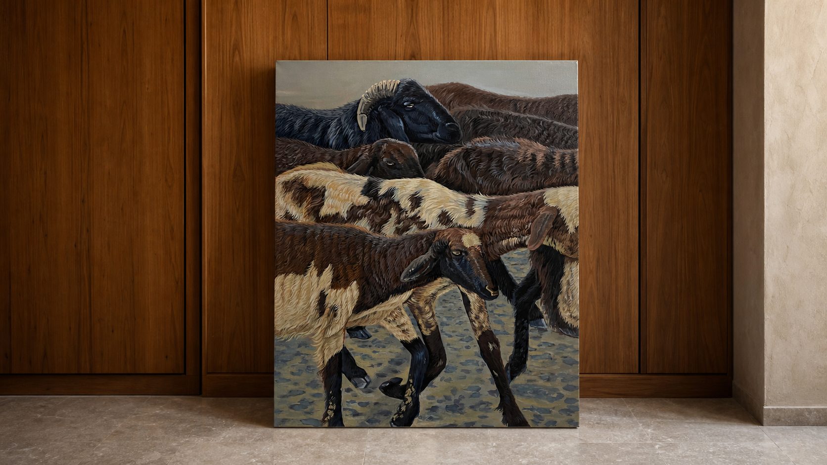 A large painted canvas of horses, finished in the studio
