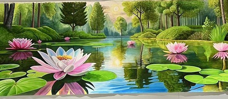 Panoramic lotus pond mural above cabinetry