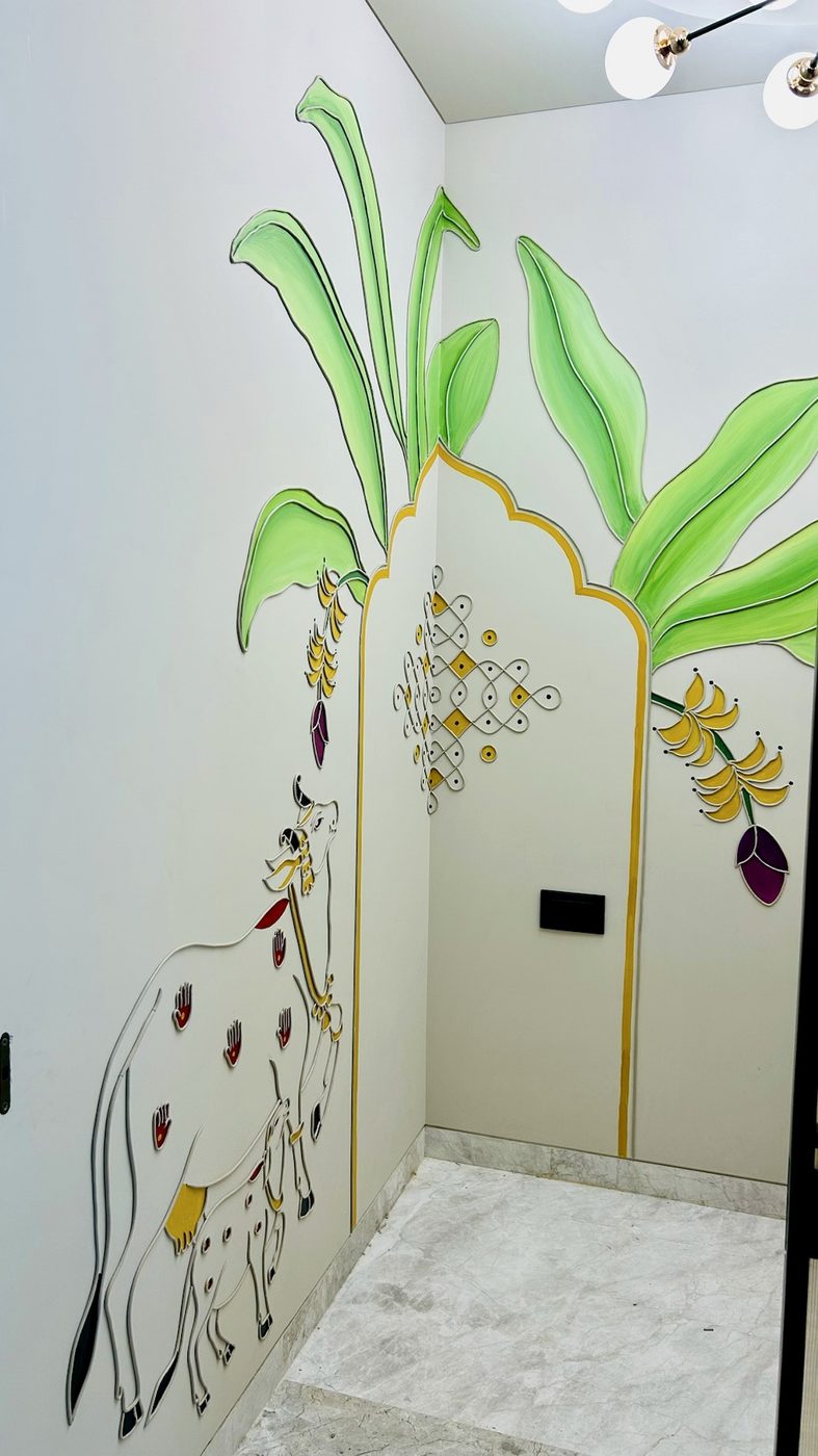 Illustrated wardrobe with banana leaf and crane motif